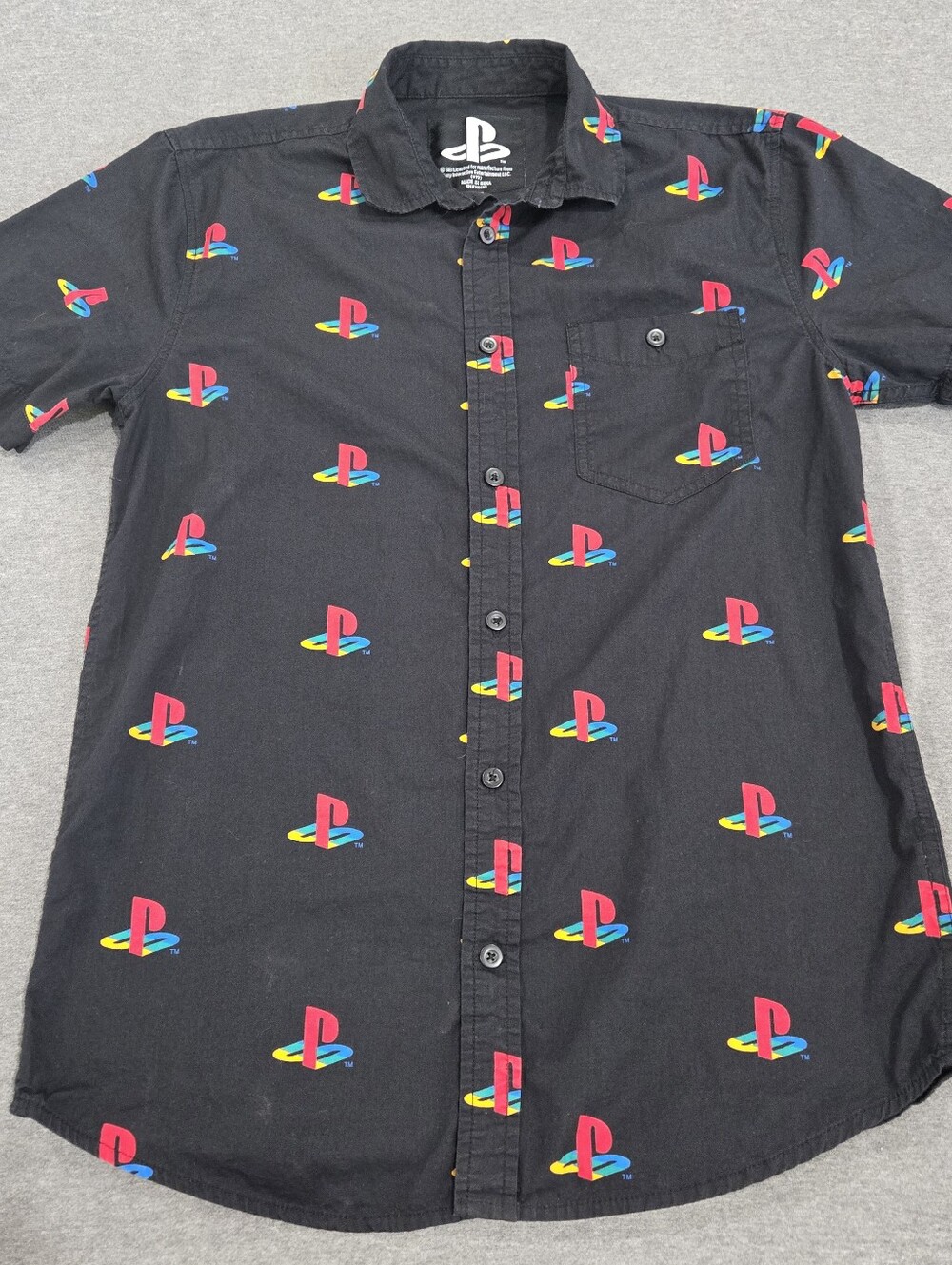 PlayStation M Button Up Shirt All Over Logo Print Sony PS Video Game Black Top